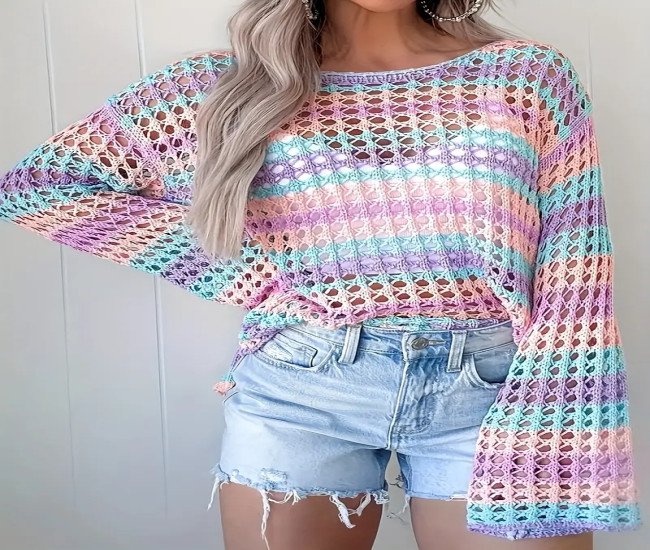 Women's Bohemian One-Shoulder Crochet Cover-Up - Lightweight Lace- Beach Top with Color-Block Design, Short Front & Long Back, Multi-Color Pastel Shades for Spring/Summer Vacation Poolside Casual Wear, Curve Beachwear
