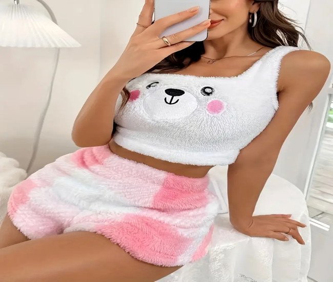 Women's Cute Bear Fleece Thick Pajama Set, Square Neck Crop Tank Top & Shorts, Comfortable Relaxed Fit For Fall & Winter