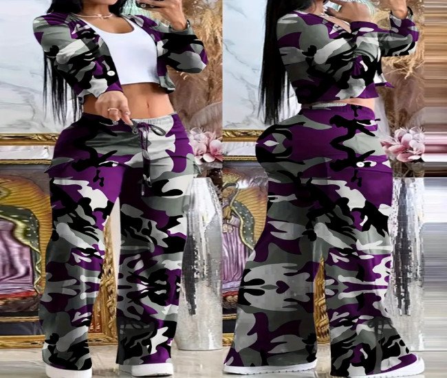 Women's Fashion Casual Camouflage Two-Piece Set with Buttoned Long Sleeve Navel Top and Bell Bottoms, with Drawstring Belt - Polyester Blended Fabric, Machine Washable, Stylish Casual Wear Micro-Bell Style High-Quality Structure