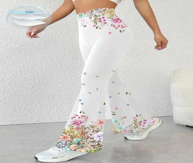 Women'S Floral Print Flare Jeans - 95% Polyester, 5% Spandex, All-Season Knit Fabric, Young Style, Stretchy and Comfortable, 180g/m², Casual Wear|Floral Print Jeans|Stretchy Fabric